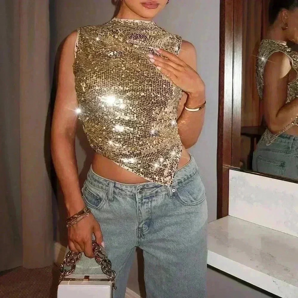 Gold Party Women's Fashion Sequin Stand Collar Asymmetric Hem Tank Top - Picture 5 of 5